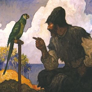 ROBINSON CRUSOE. Robinson Crusoe and his parrot. Illustration, 1920, by N. C. Wyeth