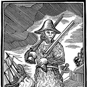 ROBINSON CRUSOE. Woodcut from an early 18th century edition of the novel by Daniel