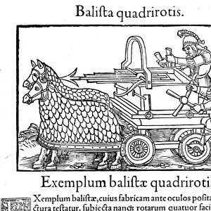 ROMAN BALLISTA. Roman soldiers with a horse-drawn ballista