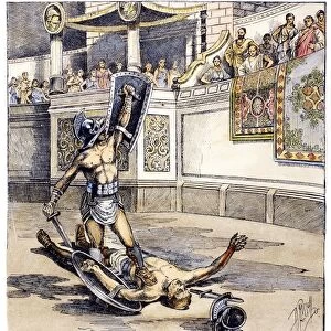 ROMAN GLADIATORS. The conclusion of a duel between gladiators in the arena in ancient Rome. Line engraving, American, 1892