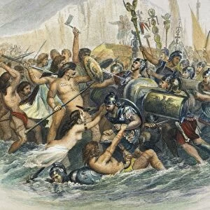 ROMAN INVASION. Invasion of Britain by Julius Caesar in 55 B. C. : colored engraving, 19th century