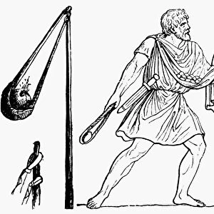 ROMAN SLINGSHOT. A slingshot and its use (right) by a Roman funditor. Line engraving, 19th century