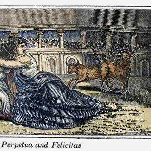 ROME: PERPETUA & FELICITAS. Martyrdom of Saints Perpetua and Felicitas at the Roman Colosseum, c203. Wood engraving from an 1832 American edition of John Foxes Book of Martyrs