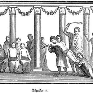 ROME: SCHOOL PUNISHMENT. A beating administered in a school in ancient Rome. Line engraving after a relief