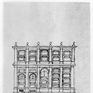 Rough sketch of the Altar of Reliquaries in the nave of the basilica at El Escorial monastery in Spain. Drawing by architect Juan de Herrera, c1570