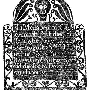 Rubbing from an 18th century New England gravestone for an American soldier killed at the Battle of Bennington in 1777