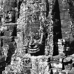 Detail from the ruins of the Bayon temple at Angkor Thom, Cambodia. Photographed in 1960