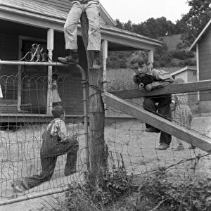 RURAL SCHOOLYARD, 1939. Boys playing in the schoolyard of a rural one-room schoolhouse