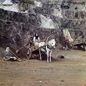 RUSSIA: MINERS, c1910. Miners outside the Bakalskii iron mine in Russia