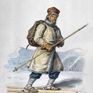 RUSSIA: SKIER, 1830. Man on skis from the Tver district of Russia. Watercolor by Fedor Solntsev