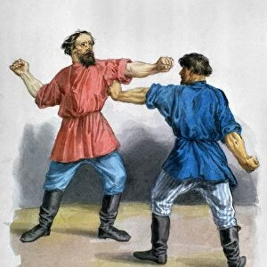 RUSSIAN BOXERS, c1836. Two Russian men in a boxing match. Watercolor by Fedor Solntsev, c1836