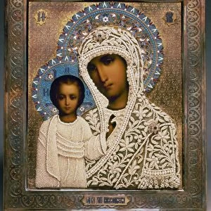 RUSSIAN ICON: MARY. Our Lady of Kazan. Russian icon. Tempera on panel with fabric, silver, gold enamel pearls and precious stones, from the workshop of Aleksandra Makhalova, Moscow, 1896
