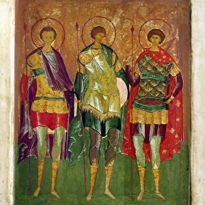 RUSSIAN ICON: SAINTS. Three warrior saints. Tempera on wood Russian Orthodox icon, made in Moscow, early 16th century