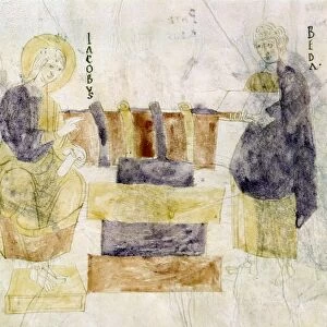 SAINT BEDE AND SAINT JAMES. Manuscript painting from the Liber Canonum, 11th century