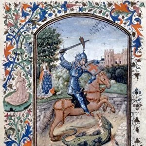SAINT GEORGE & THE DRAGON. Illumination from a Flemish Book of Hours, c1445