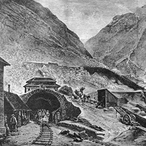 SAINT GOTTHARD TUNNEL. One of the Swiss entrances to Saint Gotthard Tunnel during its construction from 1872-1880. Wood engraving from a contemporary English newspaper
