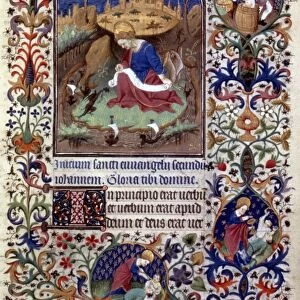 SAINT JOHN ON PATMOS. With demon upsetting his ink pot: manuscript illumination