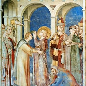 SAINT MARTIN. Simone Martini: Saint Martin being equipped as a knight. Fresco, c1326-28