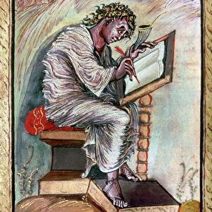 SAINT MATTHEW. Writing his gospel at the dictation of an angel. Manuscript illumination