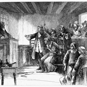 SALEM WITCH TRIALS, 1692. The trial of a witch at the First Church of Salem, Massachusetts