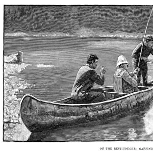 SALMON FISHING, 1890. On the Restigouche: Gaffing from a boat. Engraving, 1890