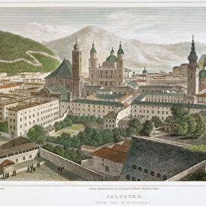SALZBURG, AUSTRIA, 1823. View of Salzburg, Austria, from the Monchsberg: English engraving, 1823, after a drawing by Robert Batty