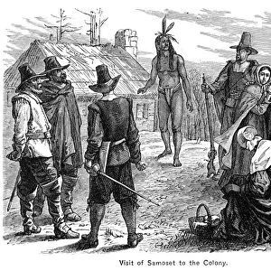 SAMOSET (c1590-1653). Native American chief of Monhegan Isle. Samosets first visit to Plymouth Colony on 16 March 1621. Wood engraving, 19th century