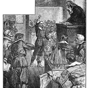SAMUEL GORTON (c1592-1677). American colonial religious and political leader. Gorton disputing with John Cotton just before the formers trial for blasphemy at Boston, Massachusetts, in 1643. Wood engraving, 19th century