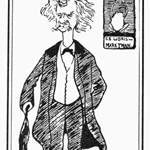 SAMUEL LANGHORNE CLEMENS (1835-1910). Mark Twain. American writer and humorist. Caricature of Mark Twain in England with a cheap cotton umbrella, late 19th century