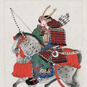 A samurai on horseback, wearing armor and a horned helmet, and carrying a bow and arrows. Ink drawing with colors, from the Military Arts series, c1878