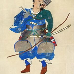 A samurai wearing a uniform with padded armor, a sword, and carrying an bow and quiver with arrows. Ink drawing, early or mid 19th century