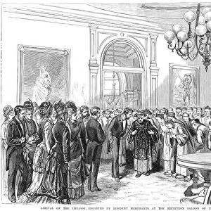 SAN FRANCISCO HOTEL, 1878. Chinese merchants of San Francisco paying respects to the newly established Chinese Embassy to the United States in the grand parlor of the Palace Hotel. Wood engraving, 1878, from Frank Leslies Illustrated Newspaper