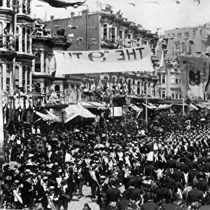 SAN FRANCISCO: PARADE, 1890. A parade on the corner of Market Street and Fourth