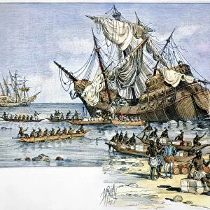 SANTA MARIA: WRECK, 1492. Natives of Hispaniola aid Christopher Columbus crew in salvaging supplies from the Santa Maria, wrecked on a coral reef, Christmas Day 1492; Columbus, speaking with a native, stands in right foreground: line engraving, American, 1892