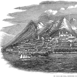 SANTIAGO DE CUBA, 1849. View of Santiago de Cuba from the harbor, with the Sierra Maestra rising prominently in the background: wood engraving, English, 1849