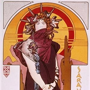 SARAH BERNHARDT. Bernhardt on a lithograph poster by Alphonse Mucha, 1898, depicted in the title role of a production of Medee at her Theatre de la Renaissance, Paris
