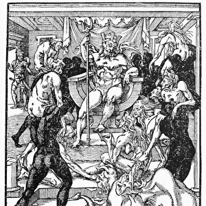 SATANIC COURT, 1549. Satan holding court for newly-annointed witches. Woodcut, French