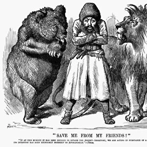 Save Me From My Friends! Amir Sher Ali of Afghanistan endeavors to stand between the Russian bear and the British lion as each eyes the other with suspicion. English cartoon by Sir John Tenniel, 1878, shortly after the outbreak of the Second Afghan War