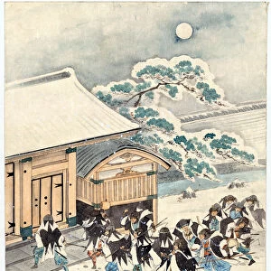 Scene from the Chushingura, the Japanese tale of the 47 Ronin (or 47 Samurai). Attack on the house of Lord Kira Yoshinaka by the samurai, to avenge the disgrace and suicide of their master, Lord Asano in 1703. Woodblock print by an unknown artist, 19th century