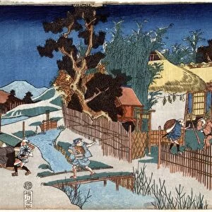 Scene from the Chushingura, the Japanese tale of the 47 Ronin (or 47 Samurai). Print shows a person in a sedan chair leaving a residential compound and being stopped by a samurai warrior. Woodblock print by Sadahide Utagawa, 1830-1844