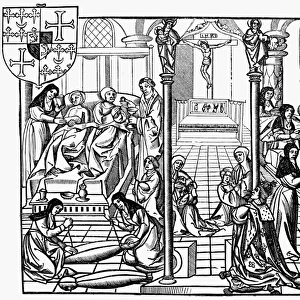 Scene in a ward of the H├┤tel-Dieu at Paris, France. Woodcut, c1500