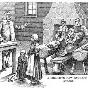 SCHOOL, 17TH CENTURY. A one-room schoolhouse in 17th New England. Wood engraving, 19th century