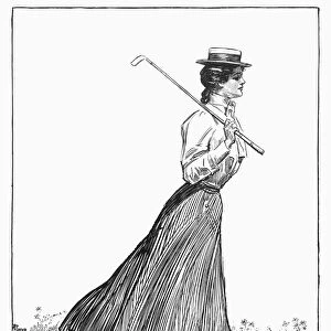 School Days. A golf-playing Gibson girl. Pen and ink drawing, 1899, by Charles Dana Gibson