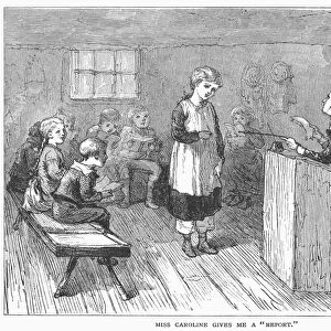 SCHOOLHOUSE, 1877. A lesson in an American one-room country schoolhouse. Wood engraving, American, 1877