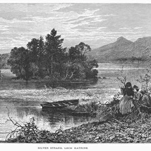 SCOTLAND: LOCH KATRINE. View of the Silver Strand and Ellens Isle on Loch Katrine in the Scottish Highlands. Wood engraving, c1875, by Edward Whymper after Townley Green