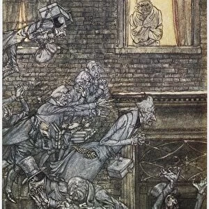 Scrooge sees the air filled with phantoms. Illustration by Arthur Rackham for Charles Dickens A Christmas Carol