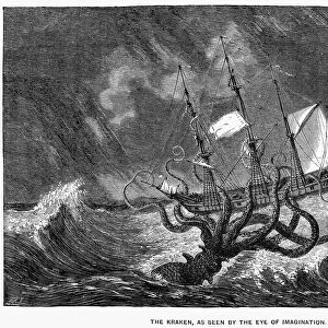SEA MONSTER, 19th CENTURY. The legendary Scandinavian sea monster Kraken attacking a ship. Wood engraving, 19th century