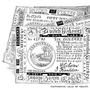 A selection of 18th century American banknotes. Line engraving, 19th century