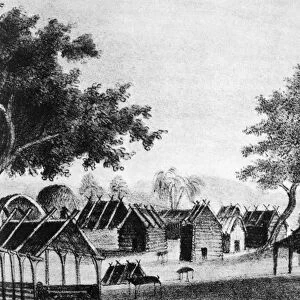 SEMINOLES: VILLAGE, 1837. A Seminole Native American village in Florida. Lithograph