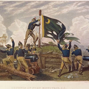 Sergeant William Jasper replacing the colors during the British attack on Sullivans Island (Fort Moultrie) at the entrance to Charleston (S. C. ) Harbor, 28 June 1776: colored engraving, 19th century